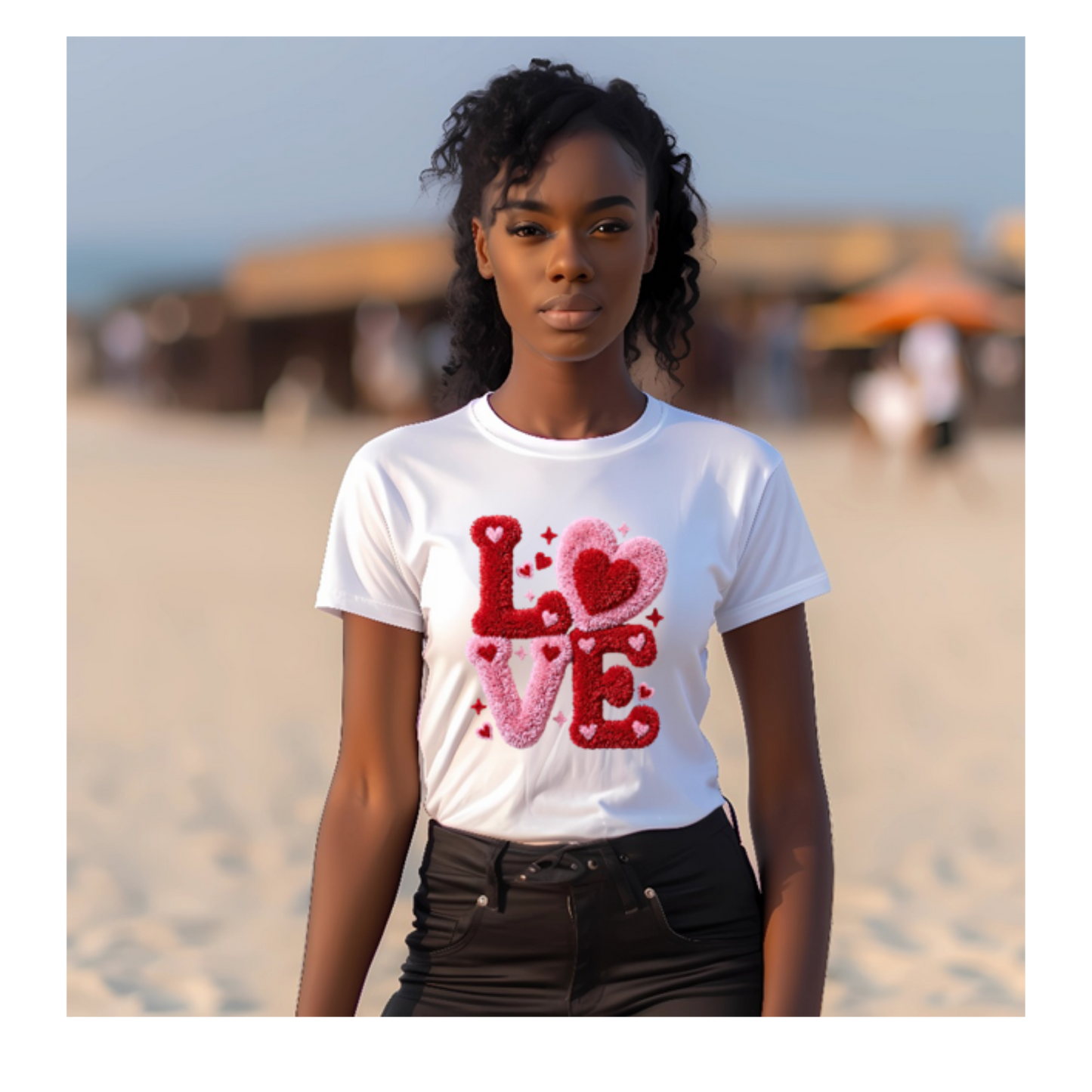 Women’s “LOVE” Textured Script T‑Shirt Latch Hook Illusion Design Cotton Valentine Tee