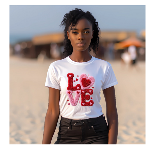 Women’s “LOVE” Textured Script T Shirt – Latch Hook Illusion