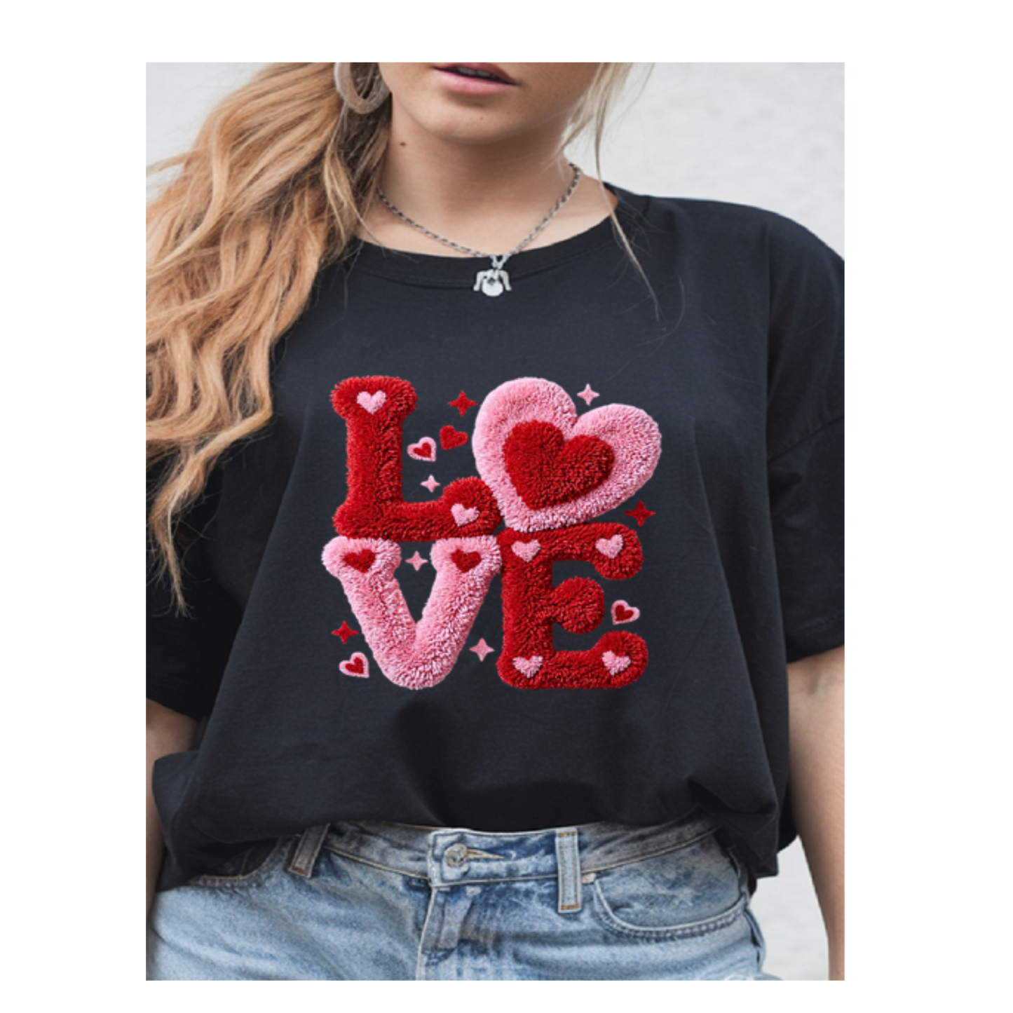 Women’s “LOVE” Textured Script T‑Shirt Latch Hook Illusion Design Cotton Valentine Tee