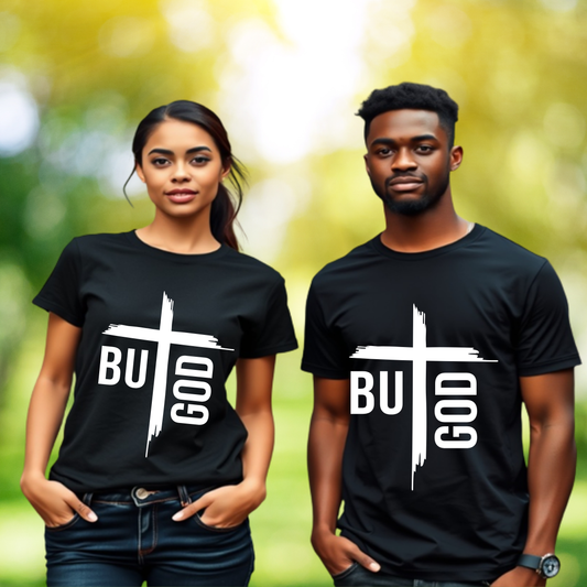 BUT GOD Christian T Shirt with Cross | 100% Cotton Faith Based Shirt | Vinyl Lettering | Sizes S–5XL