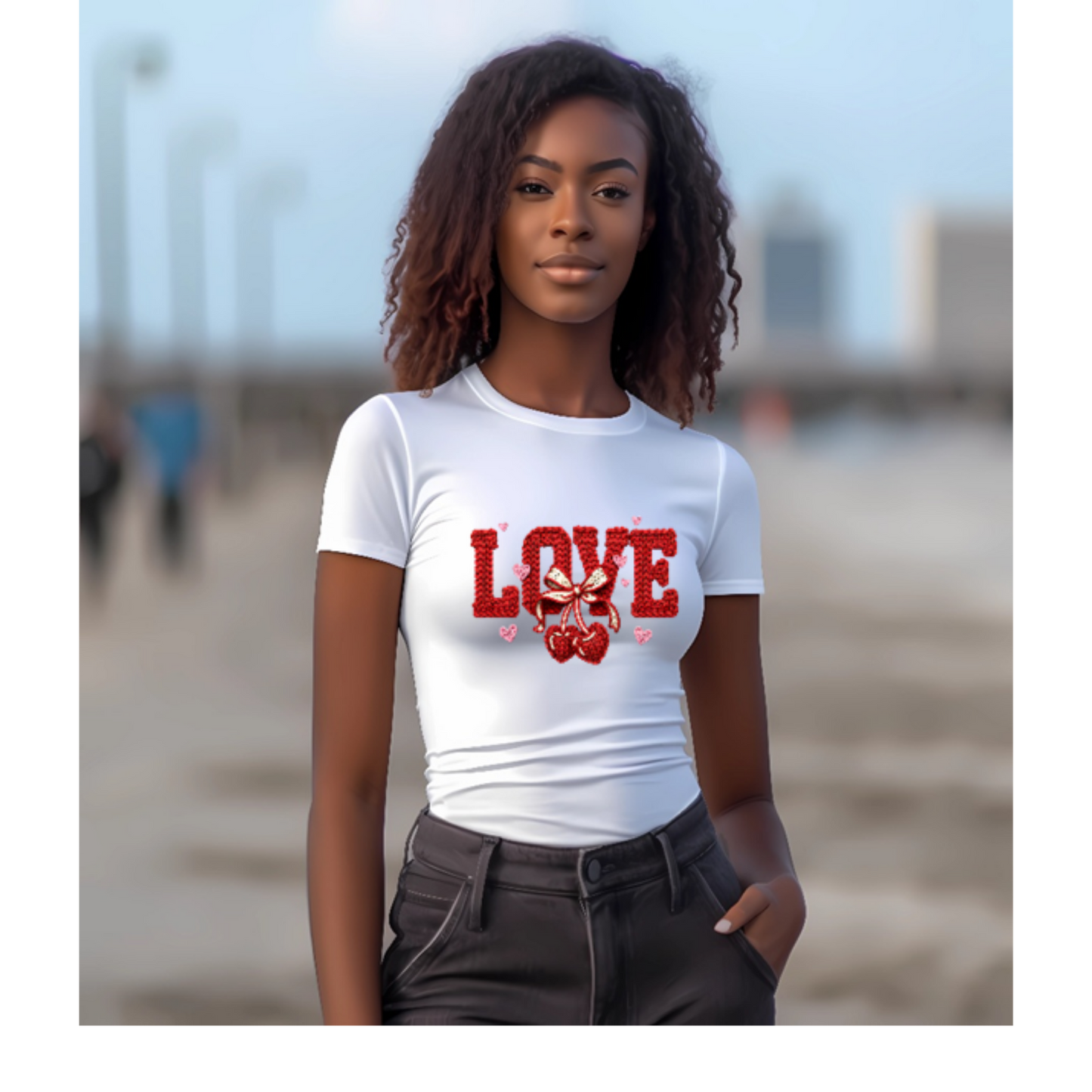 Women’s “LOVE” Textured Script T Shirt – Faux Yarn Style