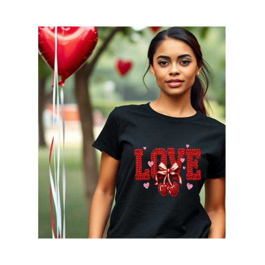 Women’s “LOVE” Textured Script T Shirt – Faux Yarn Style