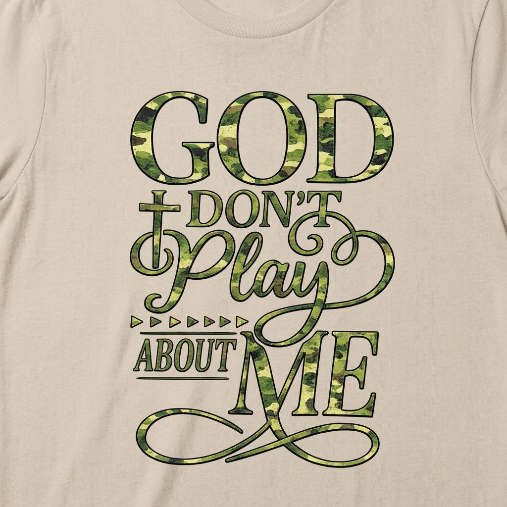 Illustrative close-up of green camouflage-pattern God Don’t Play About Me DTF lettering on a beige tee.
