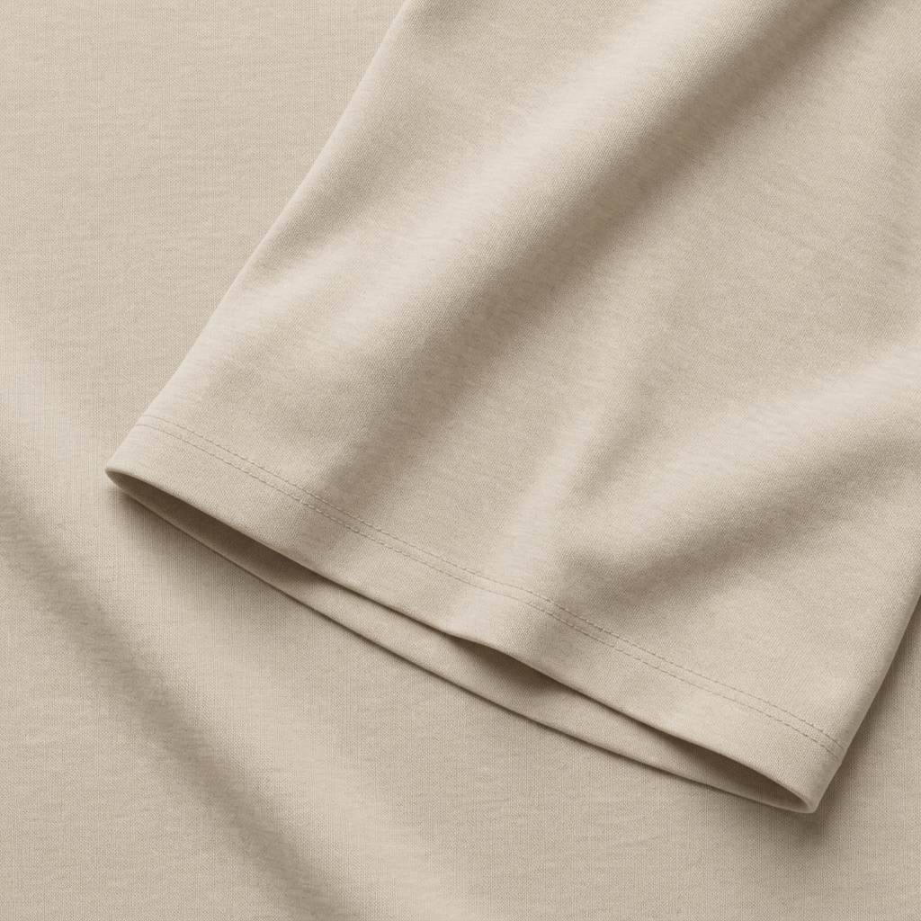 Illustrative close-up of beige cotton jersey fabric with gentle folds and a stitched sleeve hem for scale.