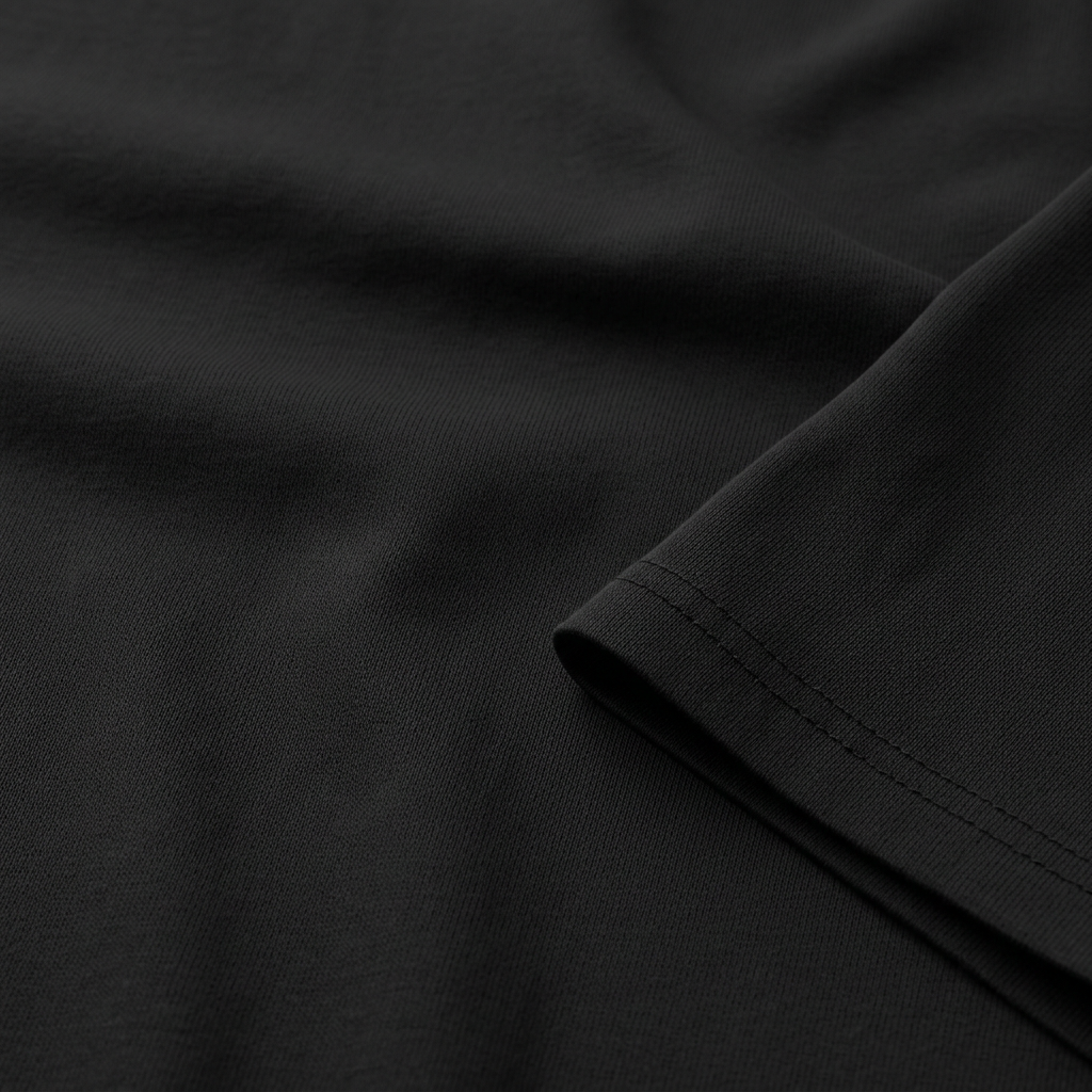 Illustrative close-up of black cotton jersey fabric with gentle folds and a stitched sleeve hem for scale.