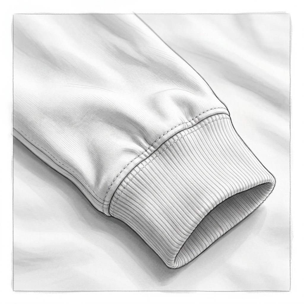 Illustrative detail mockup of white cotton jersey fabric and a ribbed long-sleeve wrist cuff.