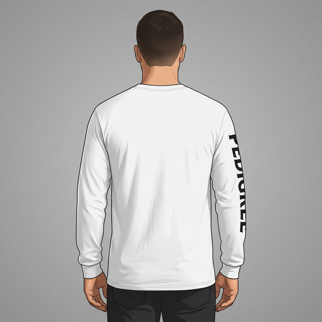 Illustrative back-view mockup of a white long-sleeve Anointed Pedigree tee with a blank back and sleeve lettering.