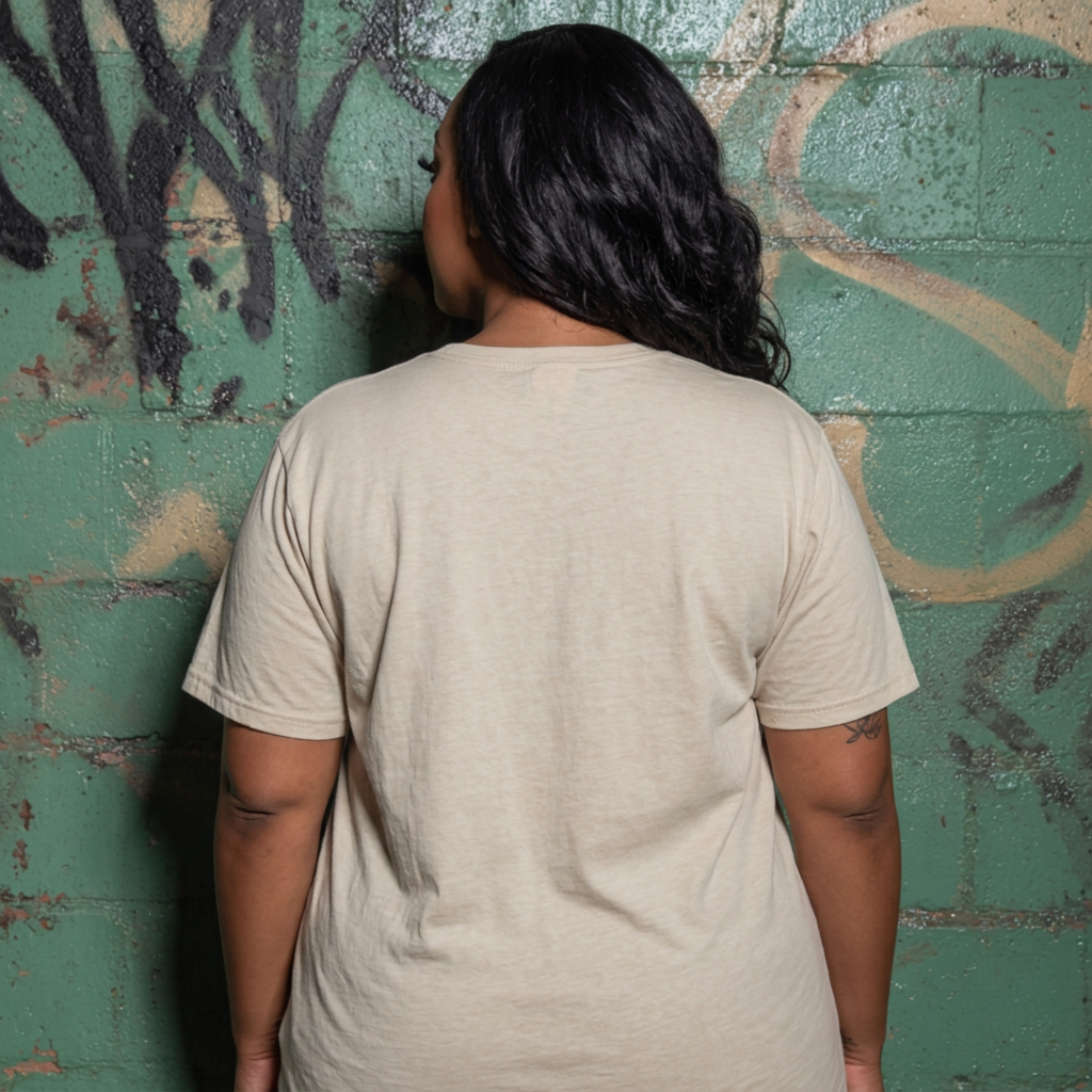Illustrative on-model back view of a plain beige short-sleeve crew-neck tee against a green graffiti wall.