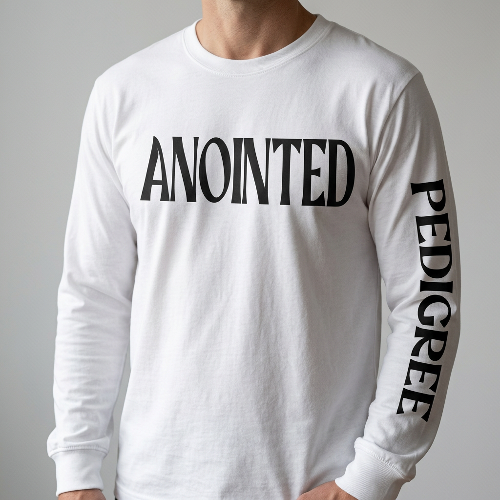 Photographic-style mockup of black ANOINTED chest lettering and PEDIGREE sleeve lettering in vinyl on a white long-sleeve tee.