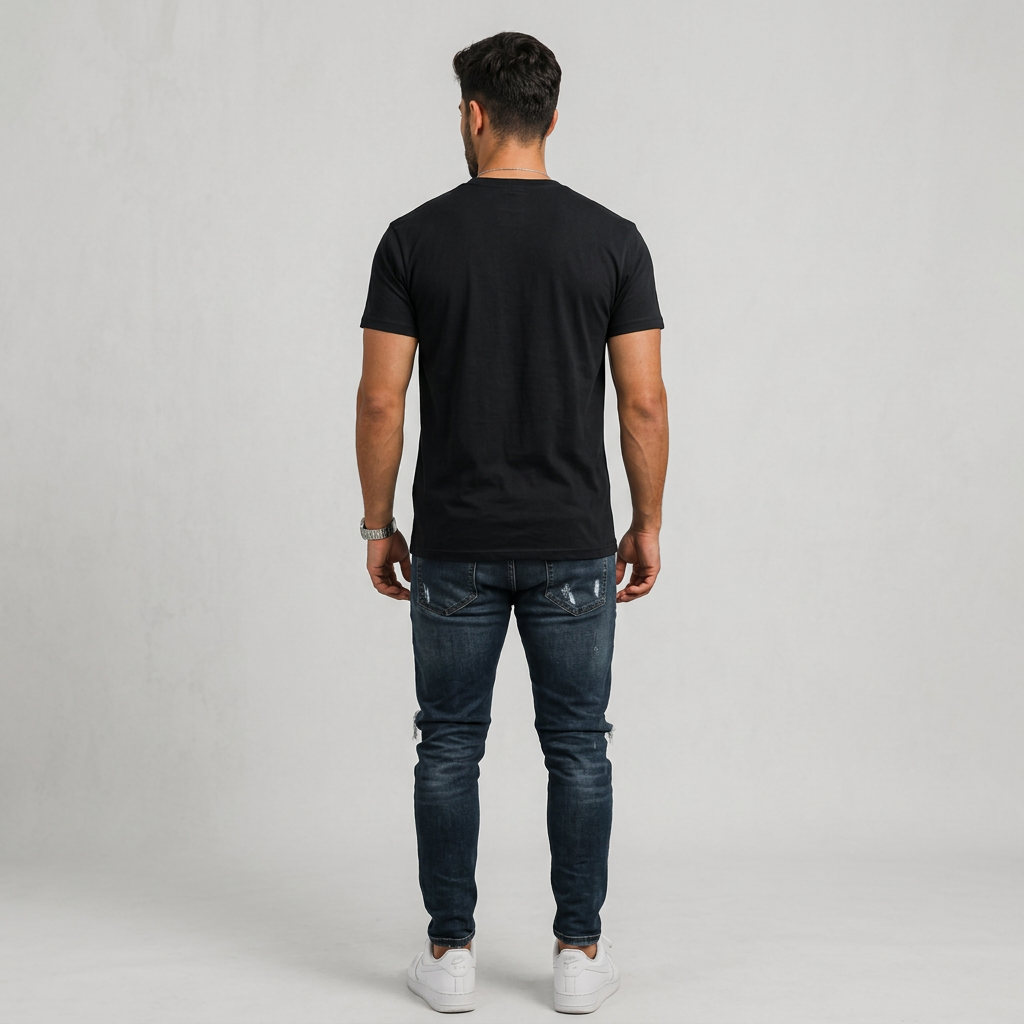 Illustrative on-model back view of a plain black short-sleeve crew-neck tee with distressed jeans against a gray backdrop.